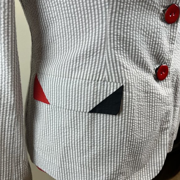 Cream & Gray Striped Seer Sucker Jacket Customized with Black/Red Embellishment - Picture 7 of 9